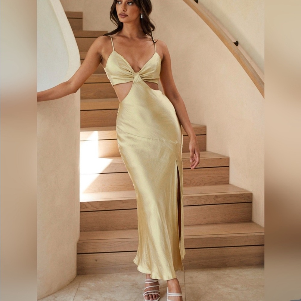 ACAPULCO CAMI STRAP TIED BACK SATIN MAXI DRESS LEMON